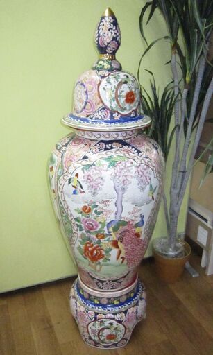R524 有田焼 三段壺 大型壺 飾壷 花鳥  古美術品 USED・美品