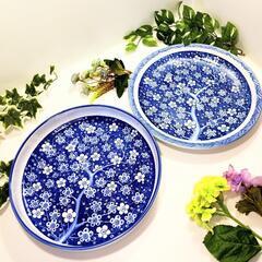 【美品】藍色 梅柄 大皿2枚セット昭和レトロ 飾り皿
