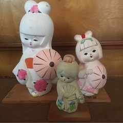 陶器　人形　絵日傘　お土産品　3個で100円　※ヤケ汚れあり