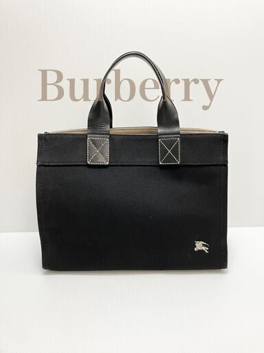 バーバリー キャンバス トート バッグ ハンド レザー 底鋲 ステッチ　黒