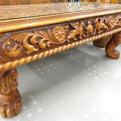 装飾付き座卓　木彫りローテーブル　彫刻　【モノ市場半田店131】