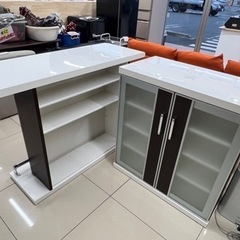 HJ336【中古】カウンターテーブル 食器棚 収納付き 椅子2脚セット