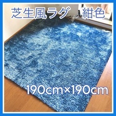 洗えるラグマット ２畳【紺色】芝生カーペット 190cmｘ190cm