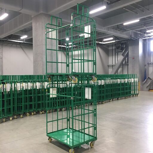 状態良好 東志産業 オールスチール製 頑丈さ抜群 2段積みカゴ台車 収納量が倍増 W1100×D800×H1790 4輪自在2輪ストッパー付き 複数在庫があります 手渡し希望/自社配送可能（配送エリアについてお問い合わせください）