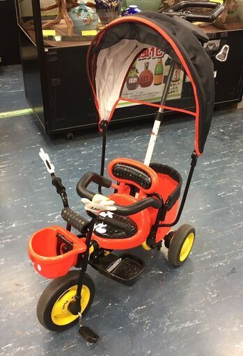 ディズニー ミッキー　三輪車  手押し棒付き カーゴ サンシェード