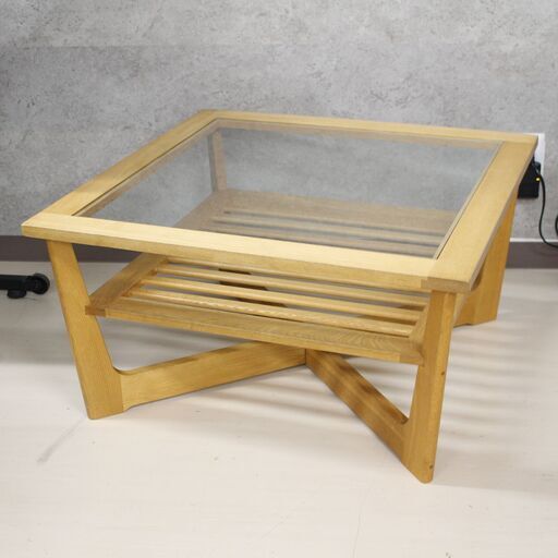 店S391)karf KANO スクエアコーヒーテーブル ガラス×オーク材 ローテーブル カーフ カノ 木製テーブル