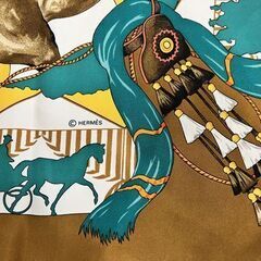 本物 HERMES エルメス カレ90 セビリアの休日 feria de sevilla シルク100％ スカーフ ブラウン×イエロー 乗馬 ☆ 札幌市白石区 白石店 