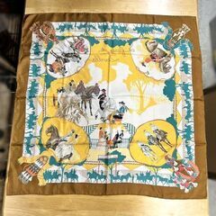 本物 HERMES エルメス カレ90 セビリアの休日 feria de sevilla シルク100％ スカーフ ブラウン×イエロー 乗馬 ☆ 札幌市白石区 白石店 