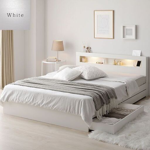 ベッド ダブル ベッドフレームのみ ホワイト 照明付き 収納付き 引き出し付き 棚付き 宮付き コンセントds-2506136