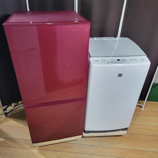 ‍♂️h050408売約済み‼️設置まで無料‼️ワインレッド冷蔵庫\u0026ガラストップ✨大容量ペア✨AQUA 家電セット