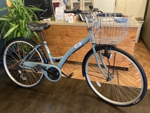 【前後タイヤ新品！】LEDダイナモ　6段変速　26インチ自転車　グレイッシュブルー