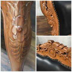 FI16/71 アンティーク調 アームチェア 猫脚 ブラック 革 レザー 椅子