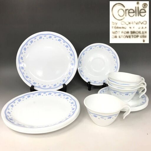 BF3/46　Corelle corning 食器 まとめて14点 カップ＆ソーサー デザート皿 コーレルコーニング 花柄 水色 シンプル