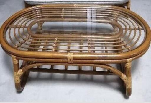 籐 テーブル ガラス 民芸品 手作り