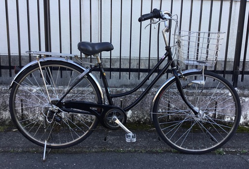 ＜整備・良品＞○シティサイクル・27インチ自転車・ブラック・シマノ外装6段変速・LEDオートライト 鍵付き