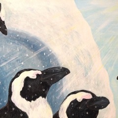 アクリル画・絵画『真夏に水浴びをするペンギンたち』