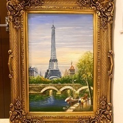 フランスアンティーク　油絵 特大 絵画 油絵 肉筆 エッフェル塔 セーヌ川 パリ フランス