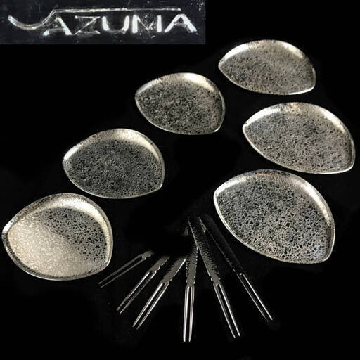 ut10/43　azuma 銀仕上げ 銘々皿 小皿 3枚×2箱　合計6枚セット　一枚重さ59ｇ　木箱　菓子皿　茶道具　煎茶道具　和食器