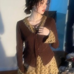 濃情ブラウニーフレンチフレアスリーブレースニットレトロvネックインナー