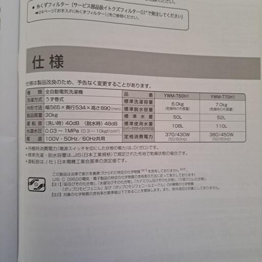 2020年式のヤマダ洗濯機(YWM-T60H1/T70H1)ですෆ‪