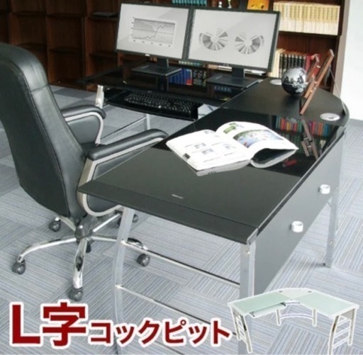L型コーナーデスク ガラス パソコンデスク ブラック 黒　中古