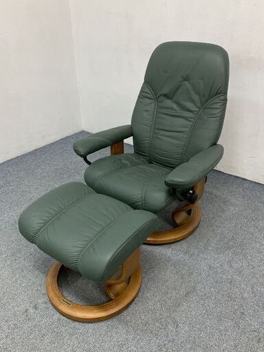 EKORNES/エコーネス ストレスレスチェア ノルウェー リクライニング 本革 ソファ オットマン グリーン 中古家具 店頭引取歓迎 R7031)