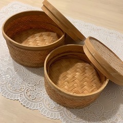 上海工芸品 アンティーク 蓋付き 竹かご