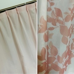 カーテン4枚セット　ピンク色＋花柄