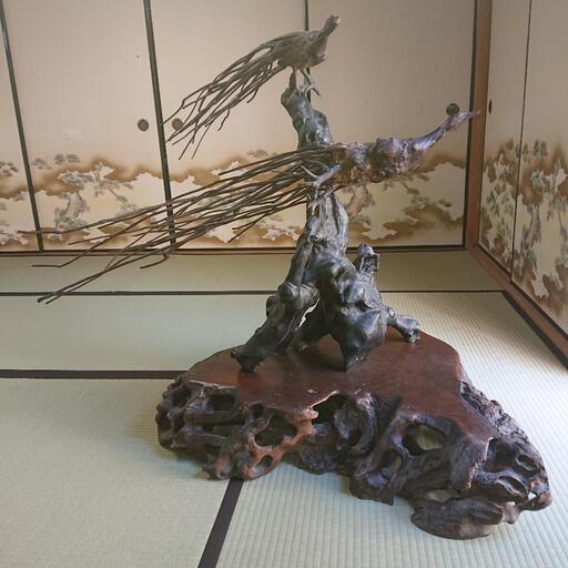 【大正レトロ/明治レトロ/昭和レトロ /希少価値】木製置物 孔雀 くじゃく 花台 当時物 四点セット