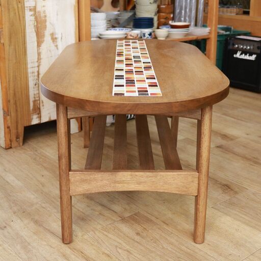 139)【美品】大川家具 TESTA CENTER TABLE 可愛い タイル張り センターテーブル