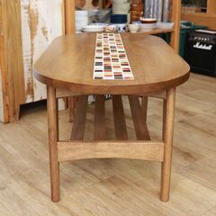 139)【美品】大川家具 TESTA CENTER TABLE 可愛い タイル張り センター