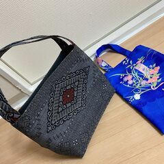 着物リメイク【大島紬】バッグと　着物リメイクトートブルー