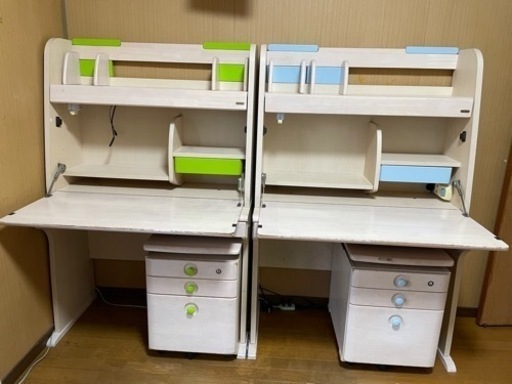 【中古、水色は売約済み】学習机、袖机２式（DESKLAND by OKUMOTO）
