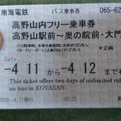 高野山 バス ２日間 乗り放題 2枚 今夜まで