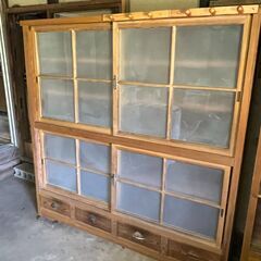 古民家 アンティーク家具 昭和箪笥 収納棚 食器棚 木製 ガラス戸 キャビネット カフェ棚 陶器飾り棚 和製 ヴィンテージ