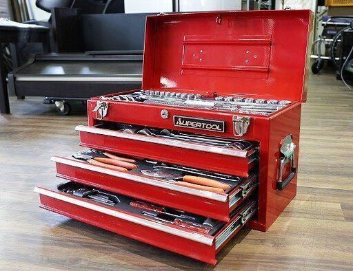 【苫小牧バナナ】中古☆SUPER TOOL/スーパーツール S8000DX3 プロ用デラックス工具セット ツールセット グロスレッド 鍵付き 差込口9.5mm♪