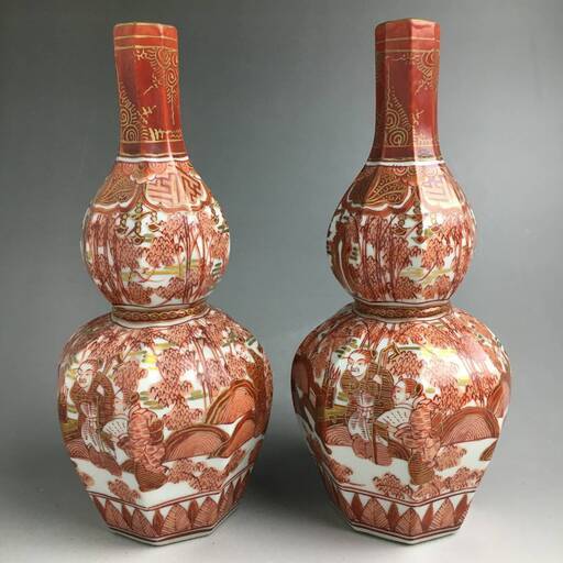 ut11/67【骨董】幻の窯 彦根藩 湖東焼 赤絵八面人物風景徳利 二