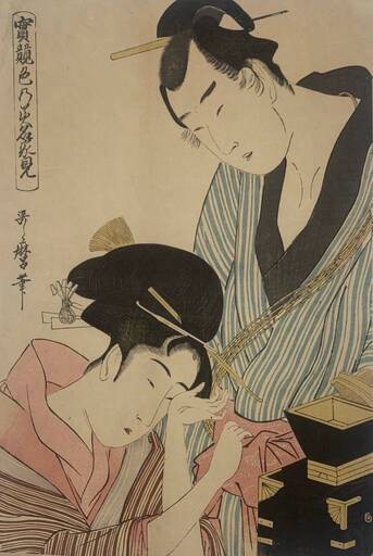真作】喜多川歌麿「実鏡色乃美名家見」本物 浮世絵 大判 錦絵 木版画 -