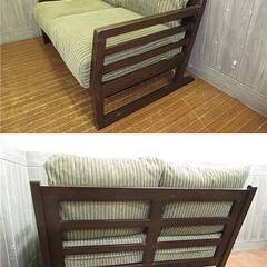 ss4974　ソファー　2人掛け　ダークブラウン×グリーンストライプ　木枠　布張り　ソファ　2P　2シーター　こげ茶　緑系　クッション　木製　肘掛け付き　椅子　座面広い　広め　ワイド　深い