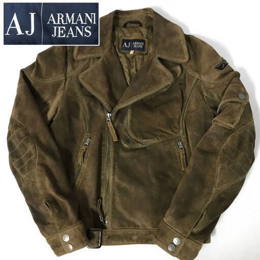 FYS3/76 ARMANI JEANS スウェード ライダース ジャケット 30 アルマーニ ジーンズ スエード 本革 レザー ダブル 茶 ブラウン メンズ