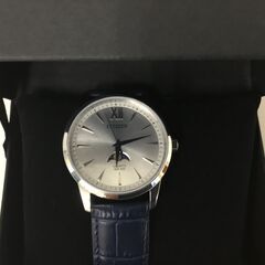 😸【本日の目玉品】[シチズン] 高級腕時計 メンズ クオーツ アナログ ムーンフェイズ レザー ステンレス ネイビー シルバー