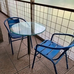 決まりました】ガラステーブル　パイプ椅子セット　ベランダ　ガーデン