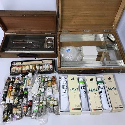KI16/84　油絵具 画材 ケース まとめて holbein インク 総重量7.5kg 油彩 用品 道具 木製ケース オイル パレット ホルベイン ShinHan