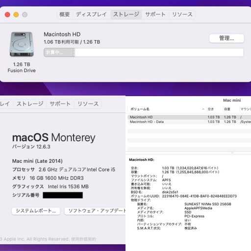 Mac mini 2014 メモリ16GB SSD256GB＋1TB HDD フュージョンドライブ