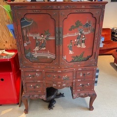 中国家具 朱漆塗 宮廷人物画 花鳥図 キャビネット コンソール 箪笥