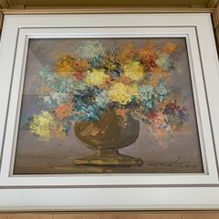 【500円】F10号 カラフルな花とゴルド花瓶の油絵 額縁付き