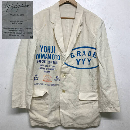 KI9/75　1993SS Yohji Yamamoto POUR HOMME プリント リネン ジャケット M ヨウジヤマモト プールオム 90s テーラード アウター ホワイト