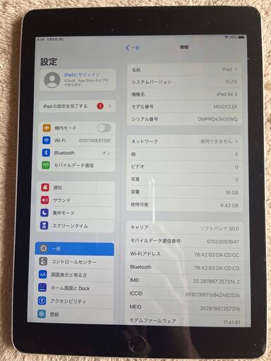 iPad Air 2 silver Wi-Fi+cell 16GB バッテリー87% | w2