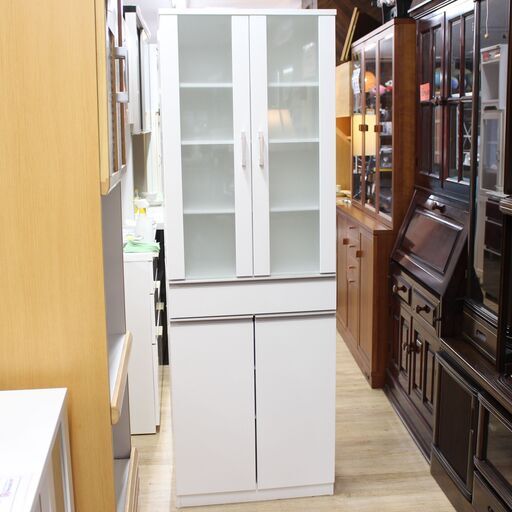 店S499)キッチンボード 食器棚 キャビネット ニトリ NITORI フォルムN 幅60cm 強化ガラス シンプル ホワイト