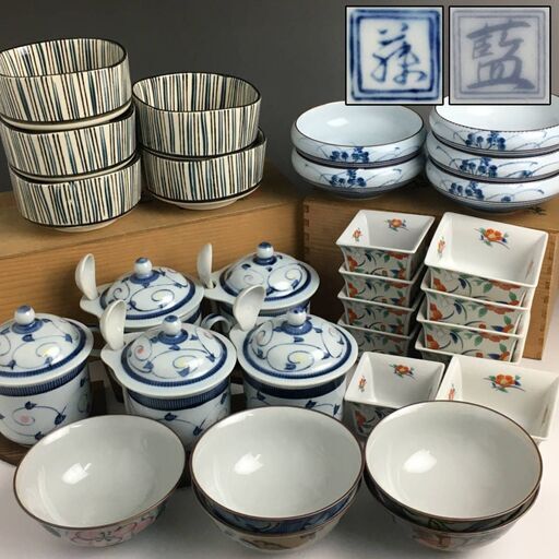 FI18/19　箱入り 和食器 まとめて5箱 大量 有田焼 小鉢揃 蓋物 茶漬揃 親子鉢 西陶謹製 藍 銀彩山茶花 陶器 食器 木箱 共箱 未使用 中古